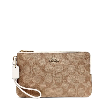 F16109, Coach Double Zip Wallet Signature Khaki Chalk
