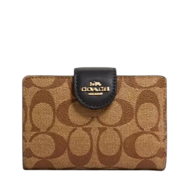 C0082, Coach Medium Corner Zip Signature Khaki Black