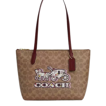 CX587, Fiona Zip Tote Bag In Signature Canvas With Horse And Carriage Print Tan/Black Cherry