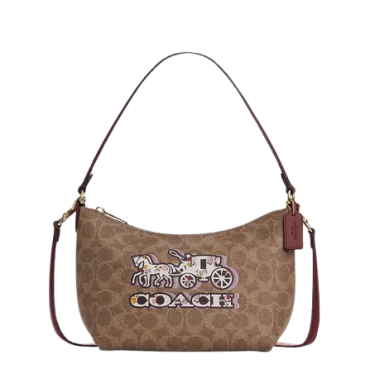 CX588, Coach Zip Top Shoulder Bag Tan Black Cherry