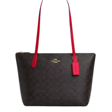 CX611, Coach Fiona Zip Tote Bag In Signature Canvas Walnut/Bold Red