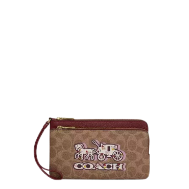 CX590, Coach Double Zip Wallet Signature Tan Black Cherry